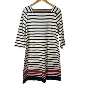 LLBean‎ Mariner Square Neck Striped Dress Midi Knee Length Cotton L Regular